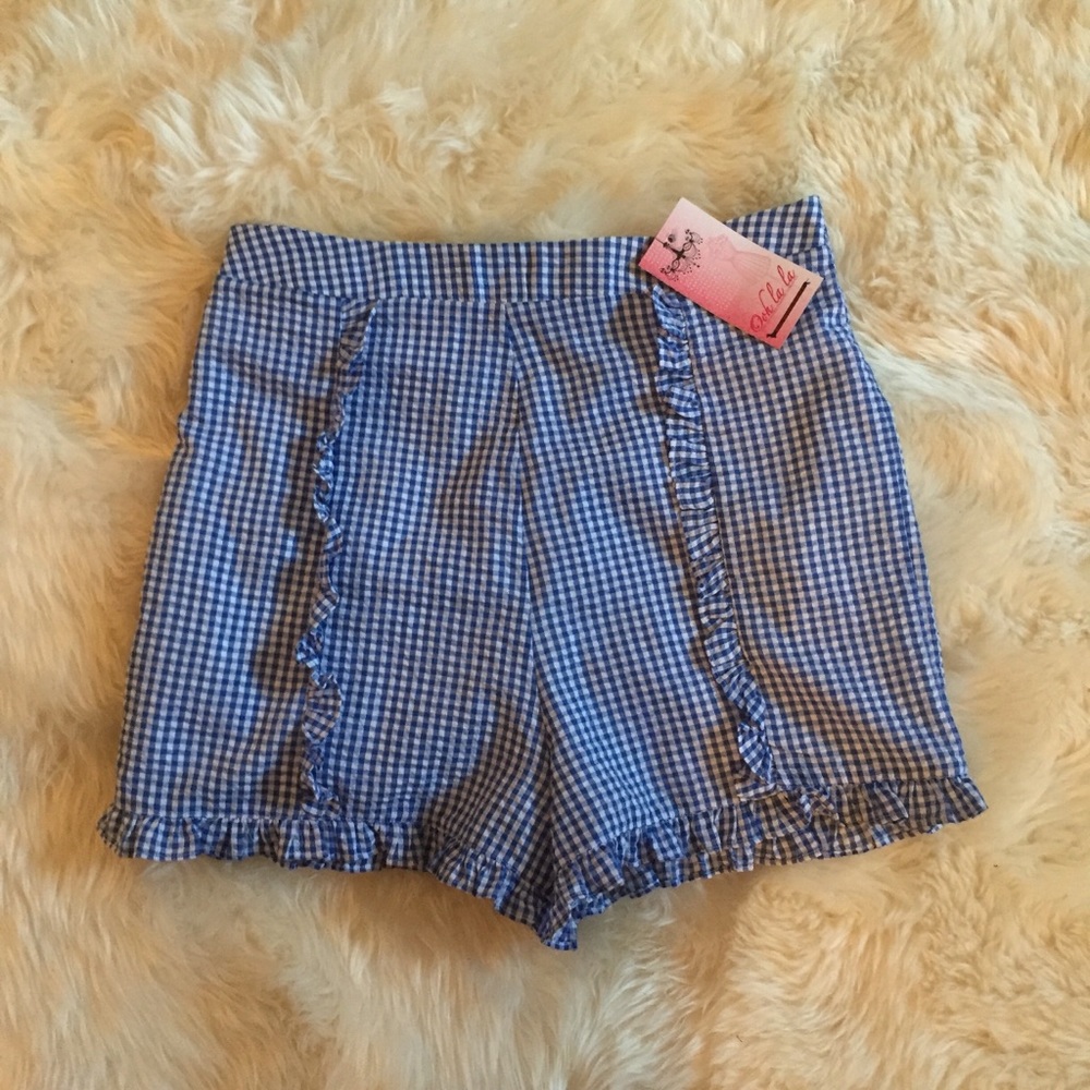 High Waisted Blue Gingham Shorts